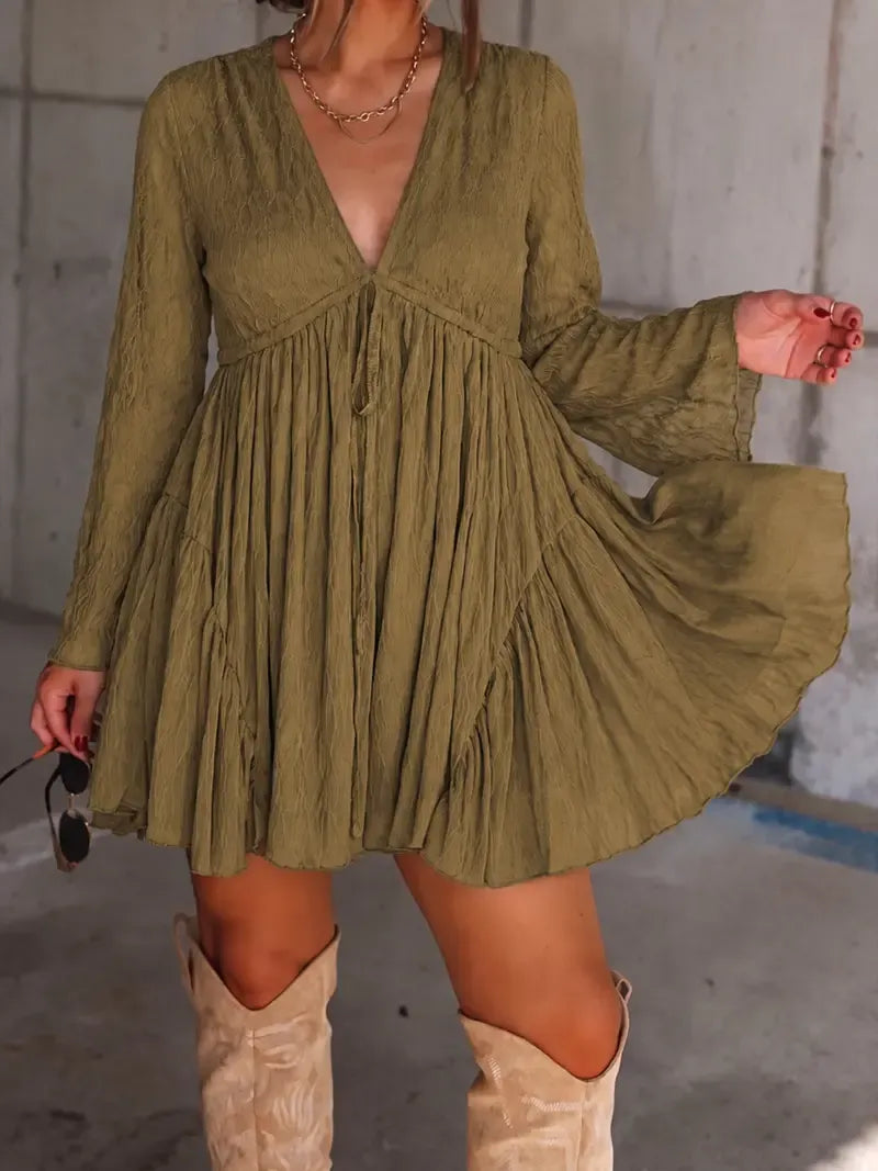 Women's V Neck Long Sleeve Dress with Pants Lining