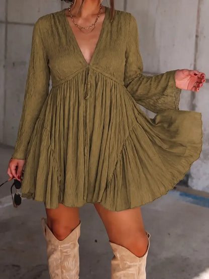 Women's V Neck Long Sleeve Dress with Pants Lining