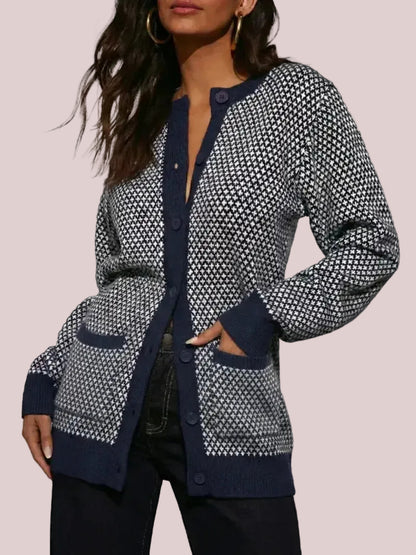 Women's Houndstooth Cardigan Sweaters with Front Patch Pockets