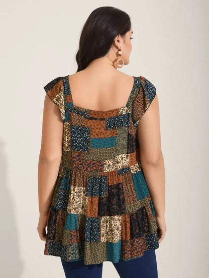 Women's Casual Boho Sleeveless Multicolor Square Neck Top