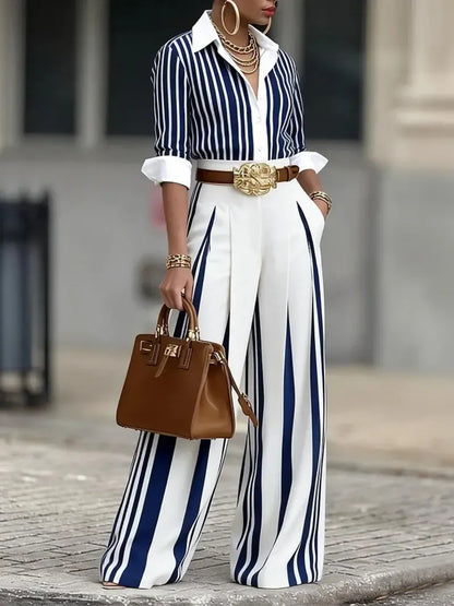 Women's Chic Striped Shirt Wide Leg Pants Set
