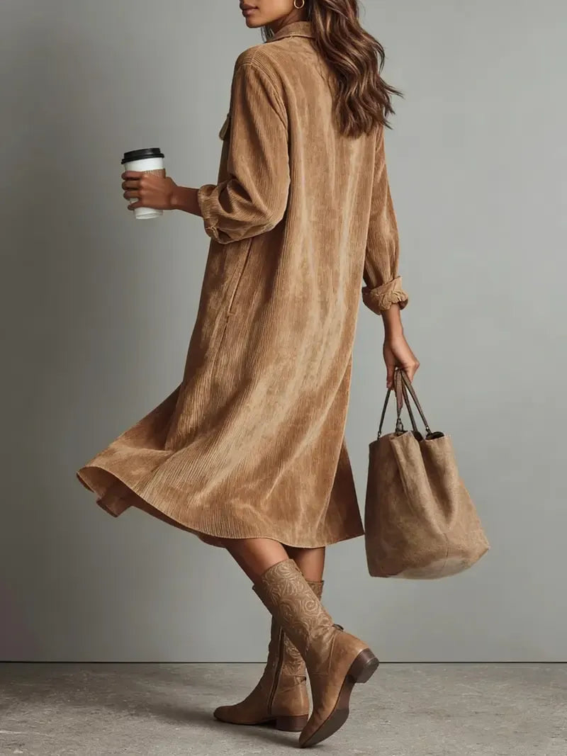 Women’s Fall Lapel Corduroy Button Down Shirt Dress