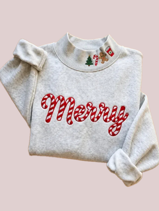 Women's Festive Merry Candy Cane Embroidery Holiday Sweatshirt