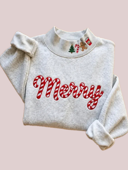 Women's Festive Merry Candy Cane Embroidery Holiday Sweatshirt