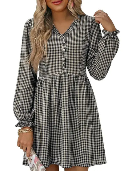 Women's Frill V Neck Plaid Long Sleeve Mini Dress
