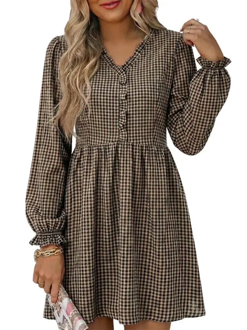 Women's Frill V Neck Plaid Long Sleeve Mini Dress
