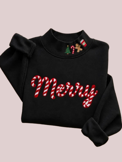 Women's Festive Merry Candy Cane Embroidery Holiday Sweatshirt
