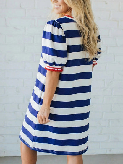 Women's Stripe Puff Sleeve T-Shirt Dress with Pockets