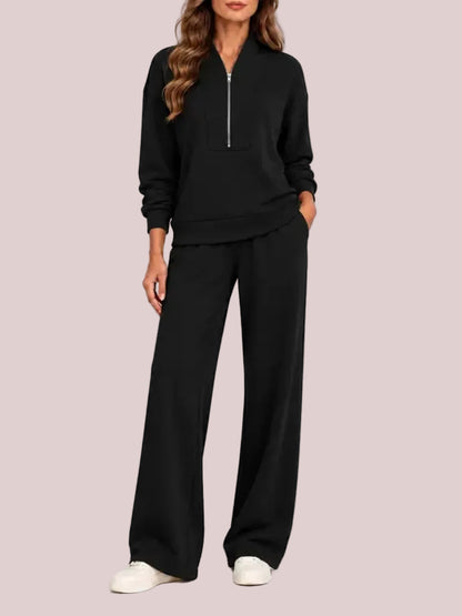Women's Half Zip 2-Piece Wide Leg Loungewear Set