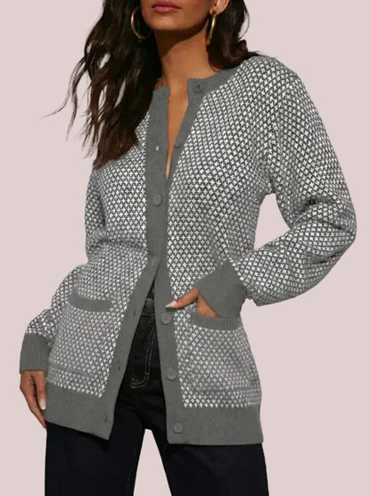 Women's Houndstooth Cardigan Sweaters with Front Patch Pockets