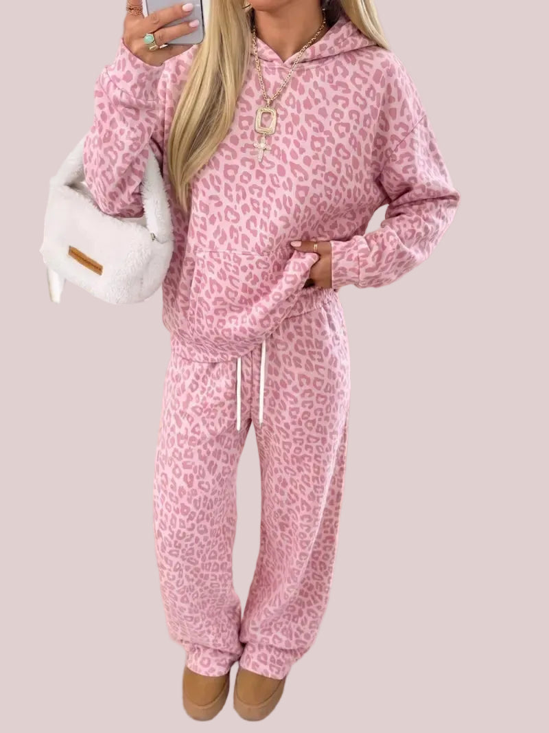 Women's Leopard Print Hooded 2 Piece Set