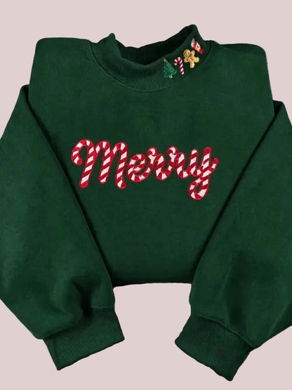 Women's Festive Merry Candy Cane Embroidery Holiday Sweatshirt