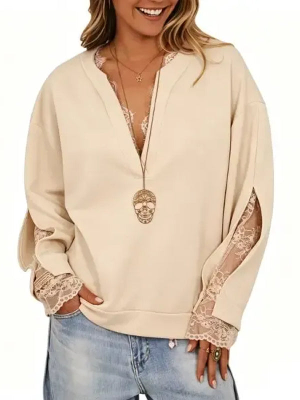 Women's Lace Patchwork Mock 2 Piece V Neck Top
