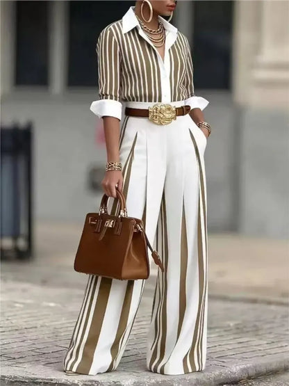 Women's Chic Striped Shirt Wide Leg Pants Set