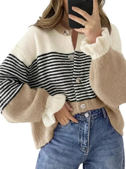 Women's Color Block Striped Ruffle Cuff Cardigan