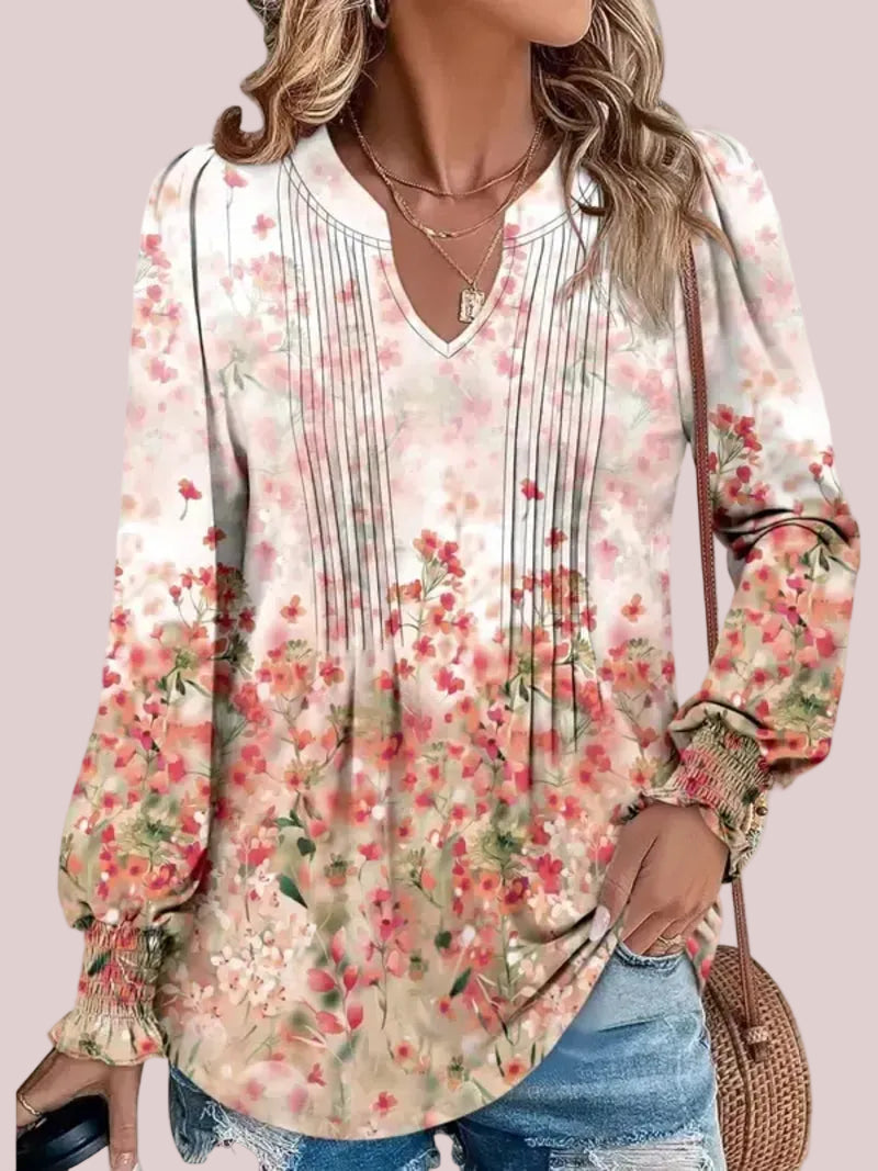 Women's Print Notch V‑Neck Long Sleeve Top