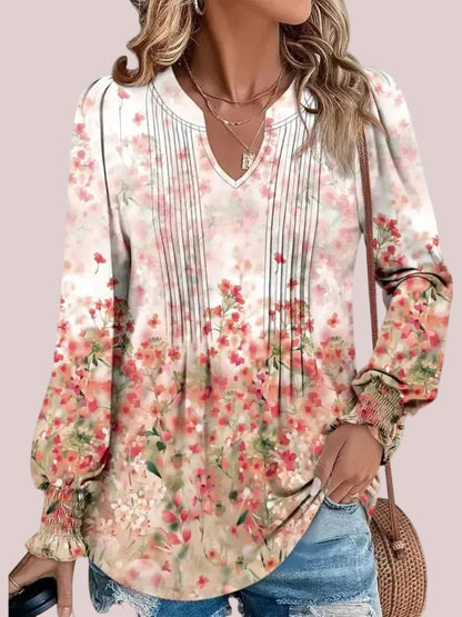Women's Print Notch V‑Neck Long Sleeve Top