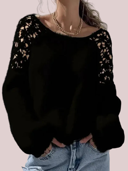 Women's Lace Panel Long Sleeve Loose Sweater Top
