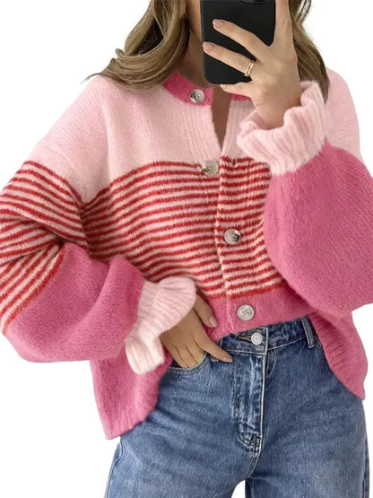Women's Color Block Striped Ruffle Cuff Cardigan