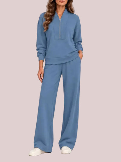 Women's Half Zip 2-Piece Wide Leg Loungewear Set