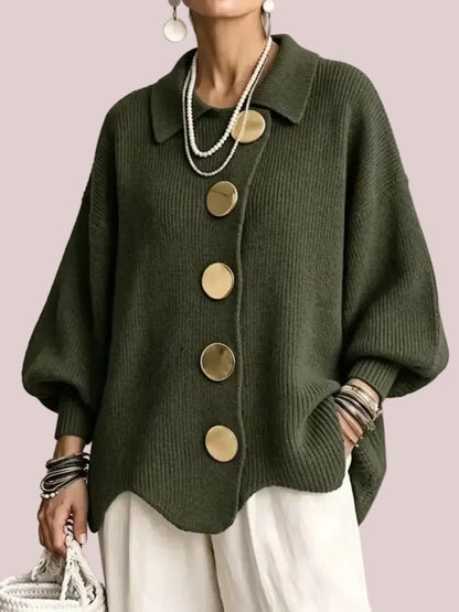 Women's French Lapel Knit Cardigan with Big Metal Buttons