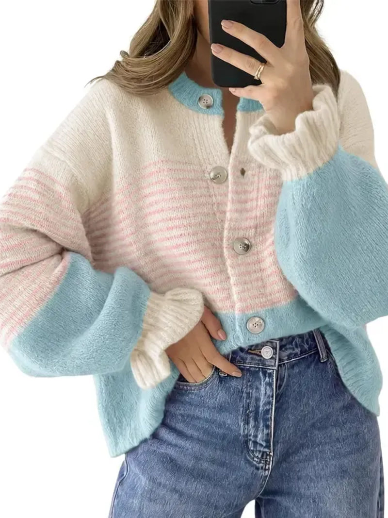 Women's Color Block Striped Ruffle Cuff Cardigan