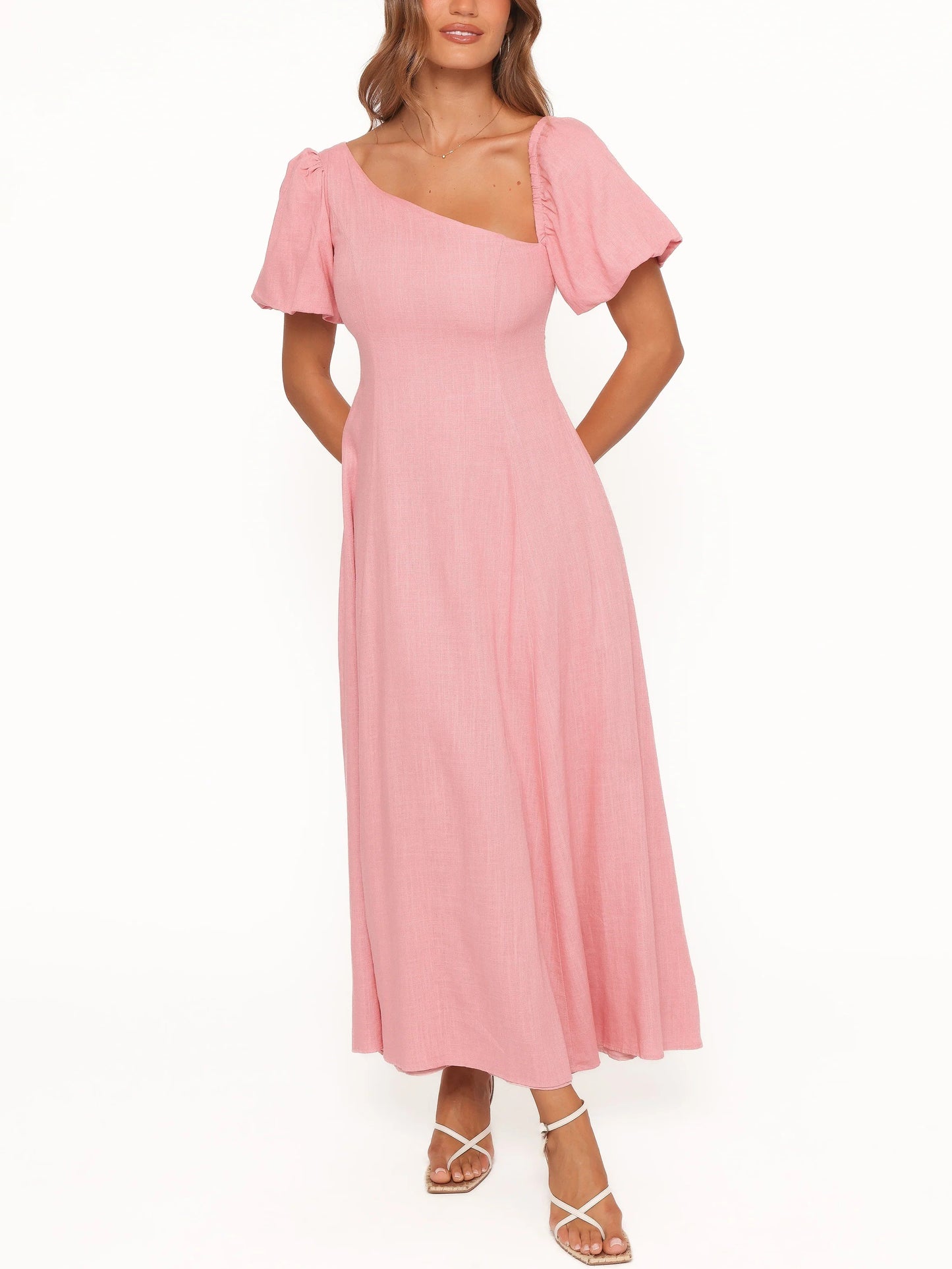 Women's Asymmetrical Neck Puff Sleeve Midi Dress