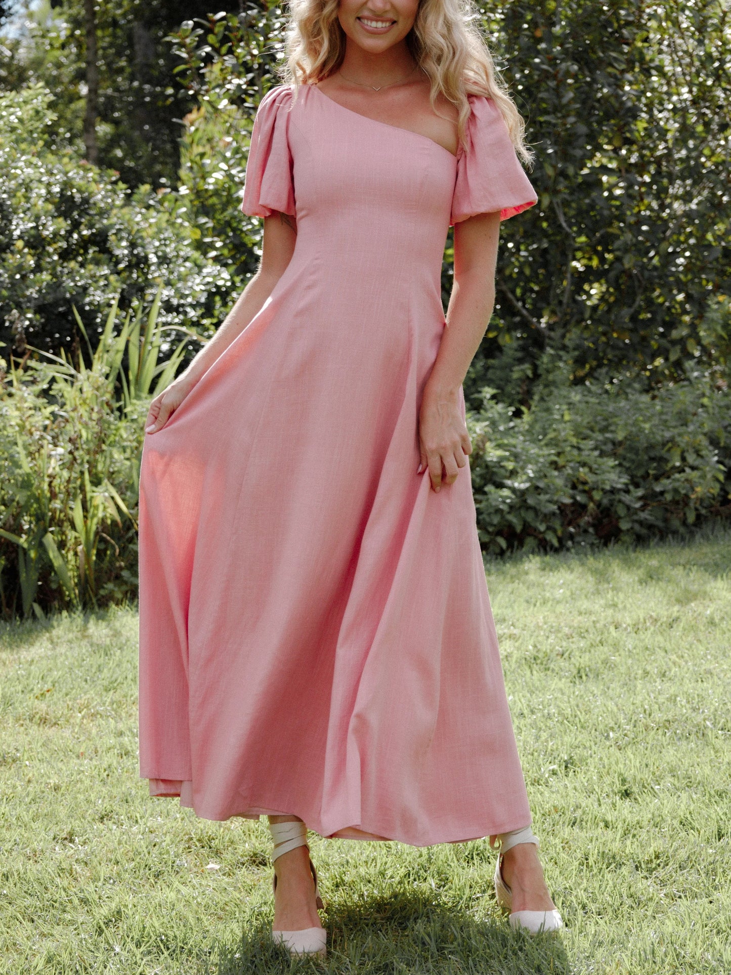 Women's Asymmetrical Neck Puff Sleeve Midi Dress