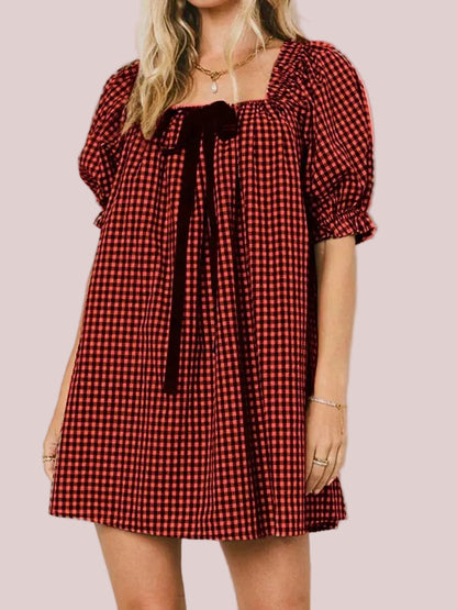 Women's Gingham Square Neck Bow Puff Sleeve Mini Dress