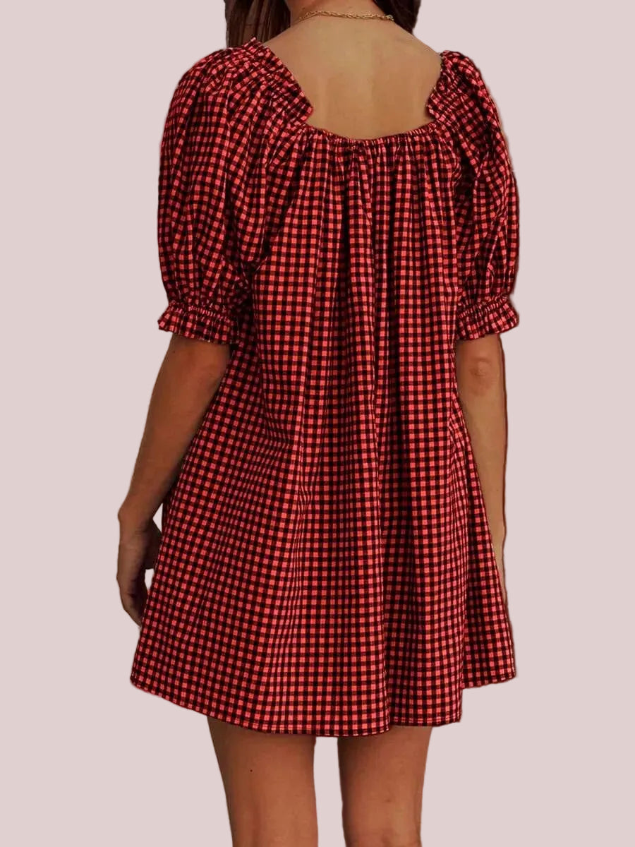 Women's Gingham Square Neck Bow Puff Sleeve Mini Dress