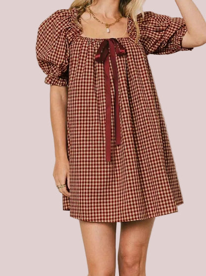 Women's Gingham Square Neck Bow Puff Sleeve Mini Dress
