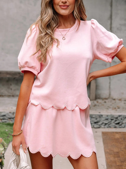 Women's Puff Sleeve Scallop Hem Two-Piece Set