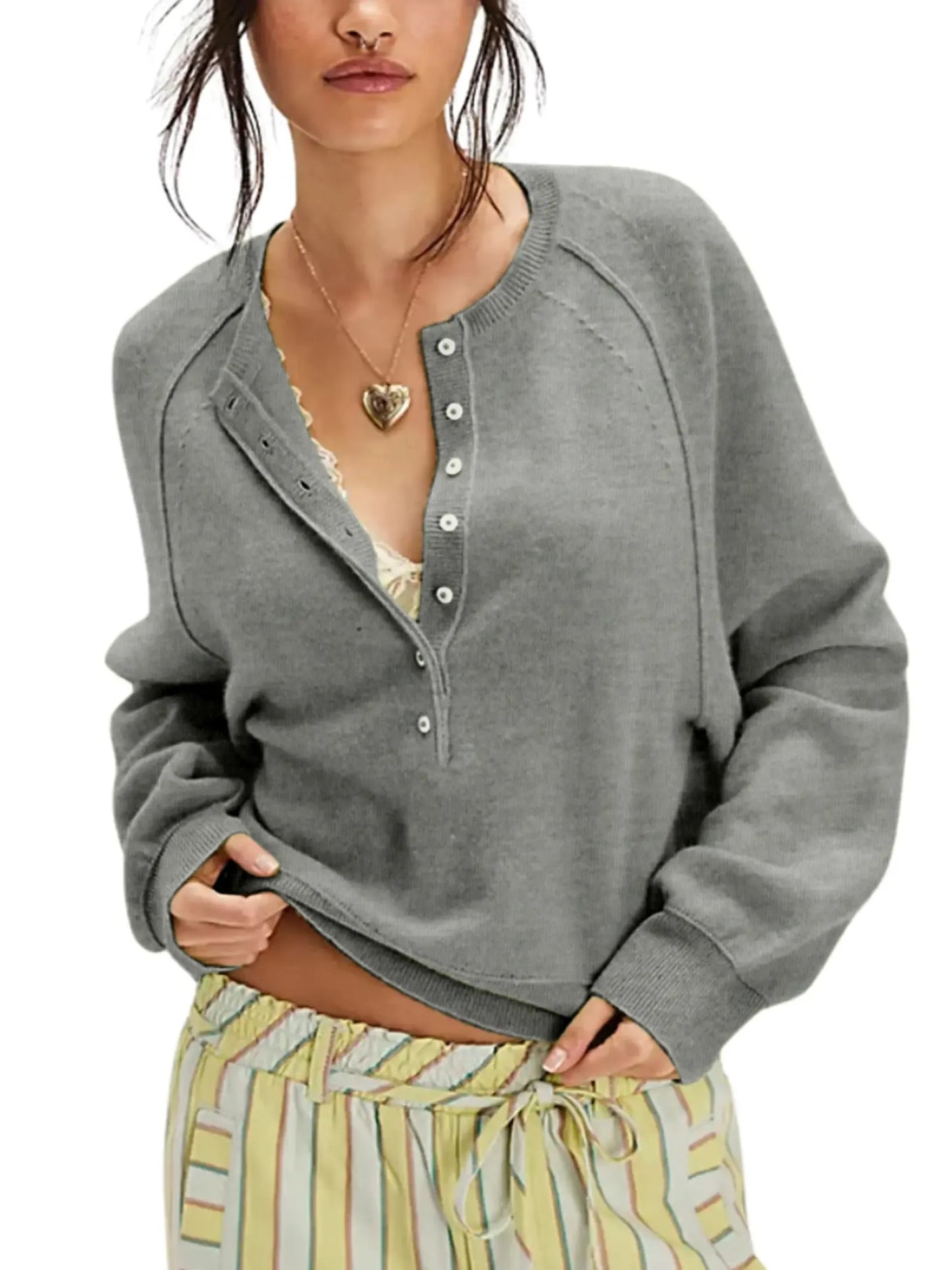 Women's Casual Half Button Cropped Sweater