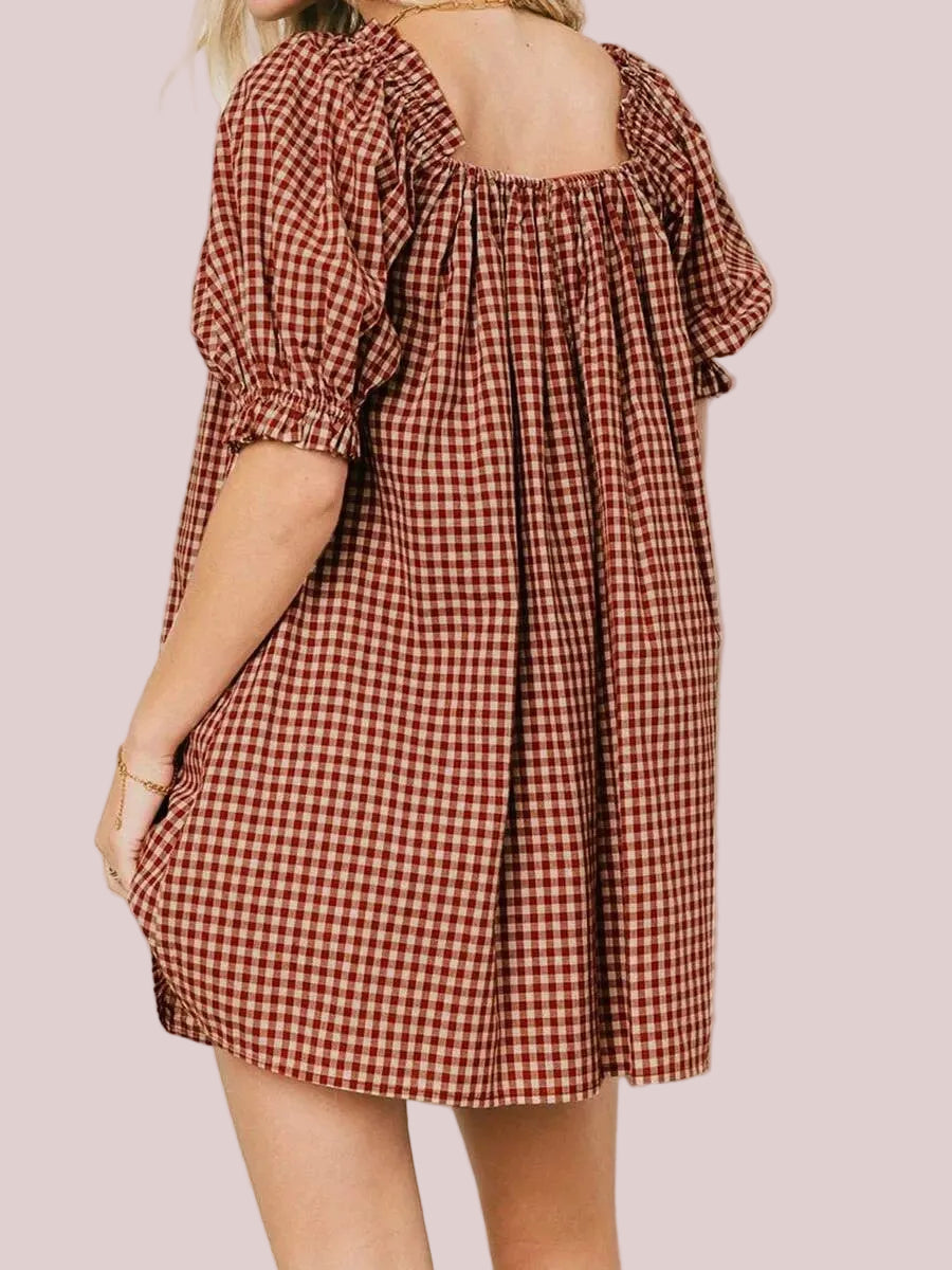 Women's Gingham Square Neck Bow Puff Sleeve Mini Dress