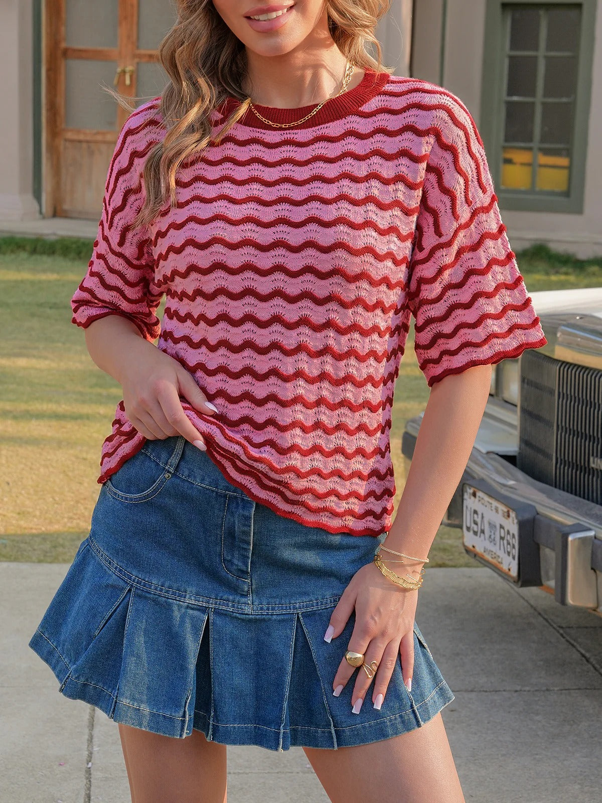Women's Striped Oversized Tops Short Sleeve Loose Fit Color Block T-Shirts