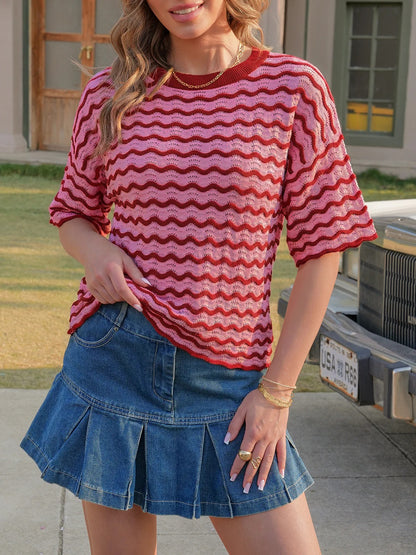 Women's Striped Oversized Tops Short Sleeve Loose Fit Color Block T-Shirts