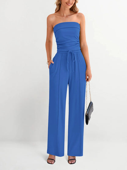 Women's Strapless Tube Top & Drawstring Wide Leg Pants Set