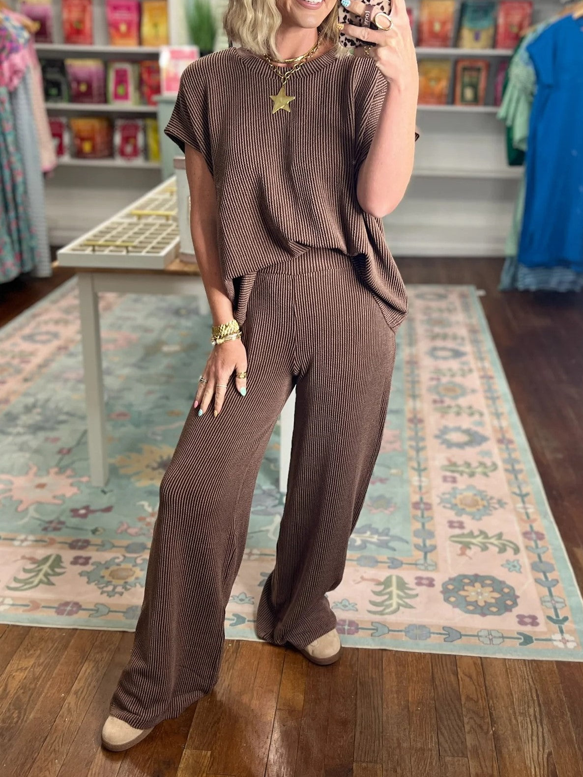 Women's Ribbed Short‑Sleeve Top & Wide Leg Pants Set