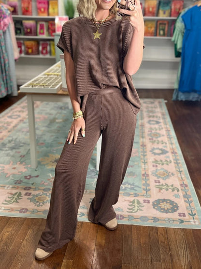 Women's Ribbed Short‑Sleeve Top & Wide Leg Pants Set