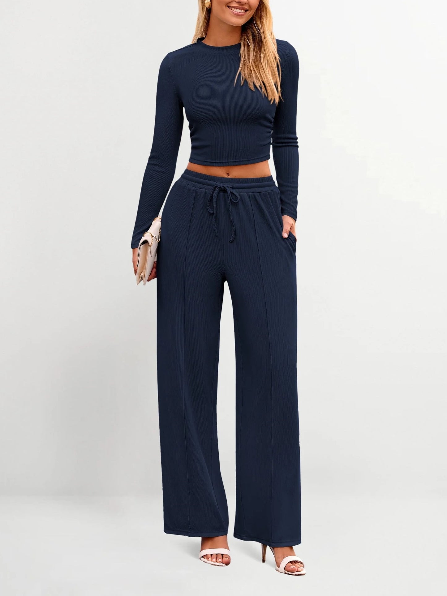 Women's Stretch Co-ord Set – Mock Neck Cropped Top & High Waist Wide Leg Pants