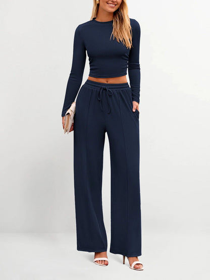 Women's Stretch Co-ord Set – Mock Neck Cropped Top & High Waist Wide Leg Pants