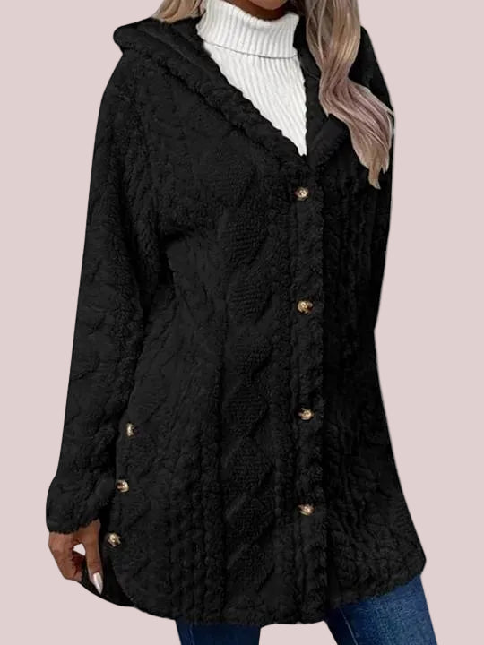 Women's Fuzzy Teddy Hooded Coat with Side Decor Buttons