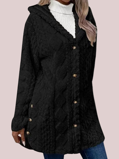 Women's Fuzzy Teddy Hooded Coat with Side Decor Buttons