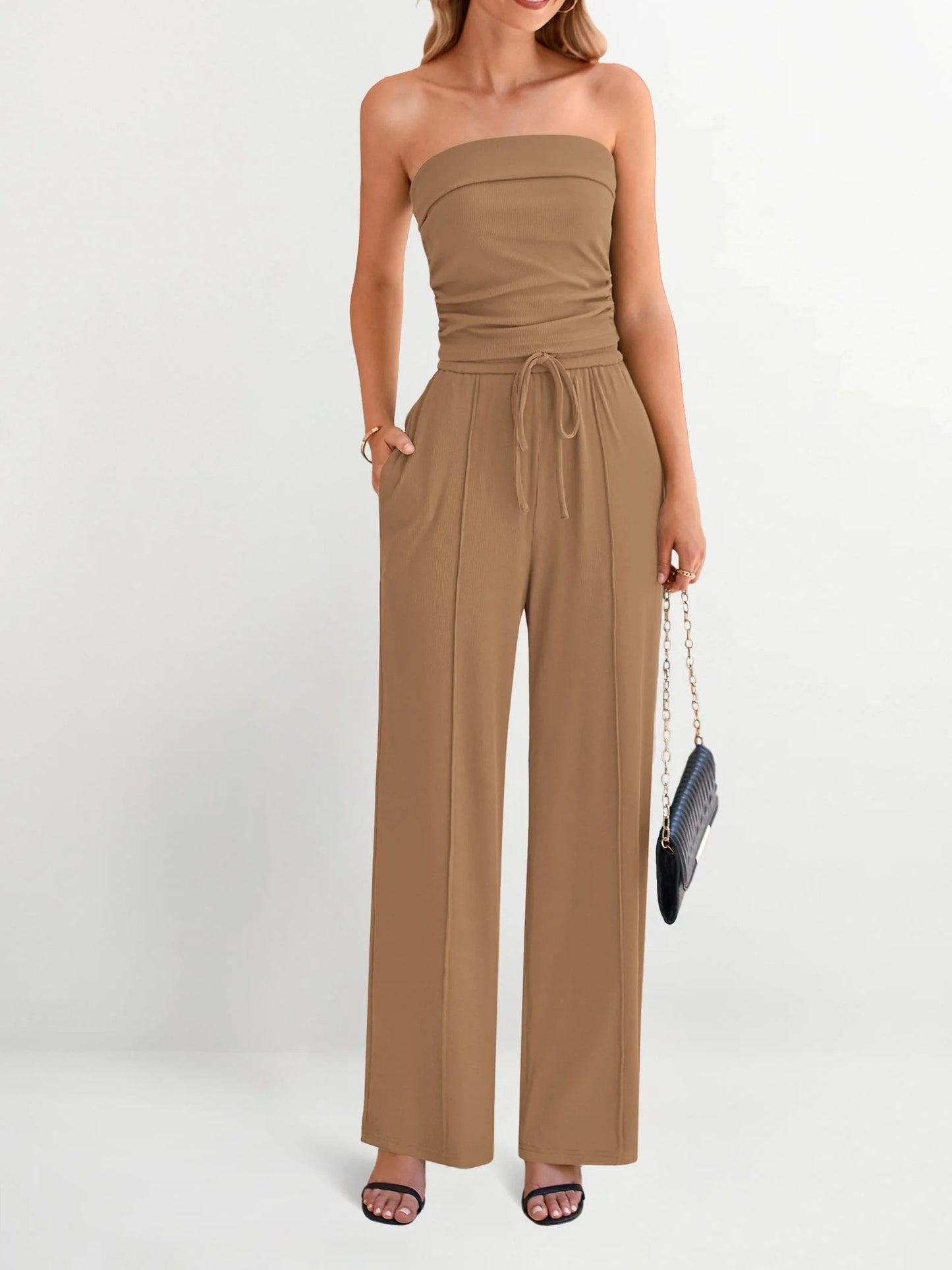 Women's Strapless Tube Top & Drawstring Wide Leg Pants Set