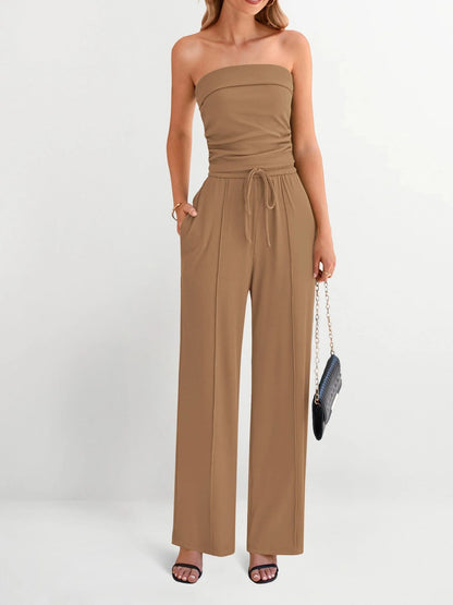 Women's Strapless Tube Top & Drawstring Wide Leg Pants Set