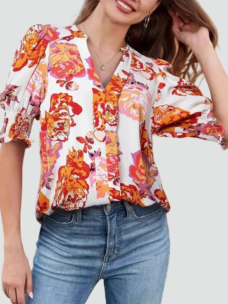 Women's Elegant V-Neck Smocked Cuff Blouse