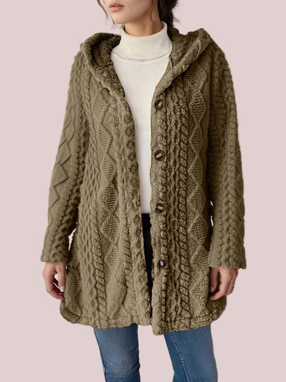 Women's Fuzzy Teddy Hooded Coat with Side Decor Buttons