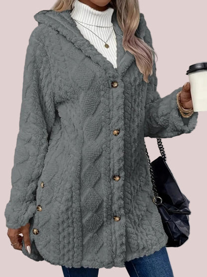 Women's Fuzzy Teddy Hooded Coat with Side Decor Buttons