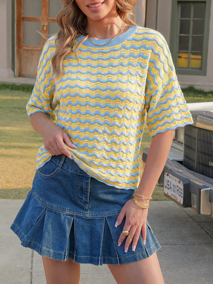 Women's Striped Oversized Tops Short Sleeve Loose Fit Color Block T-Shirts