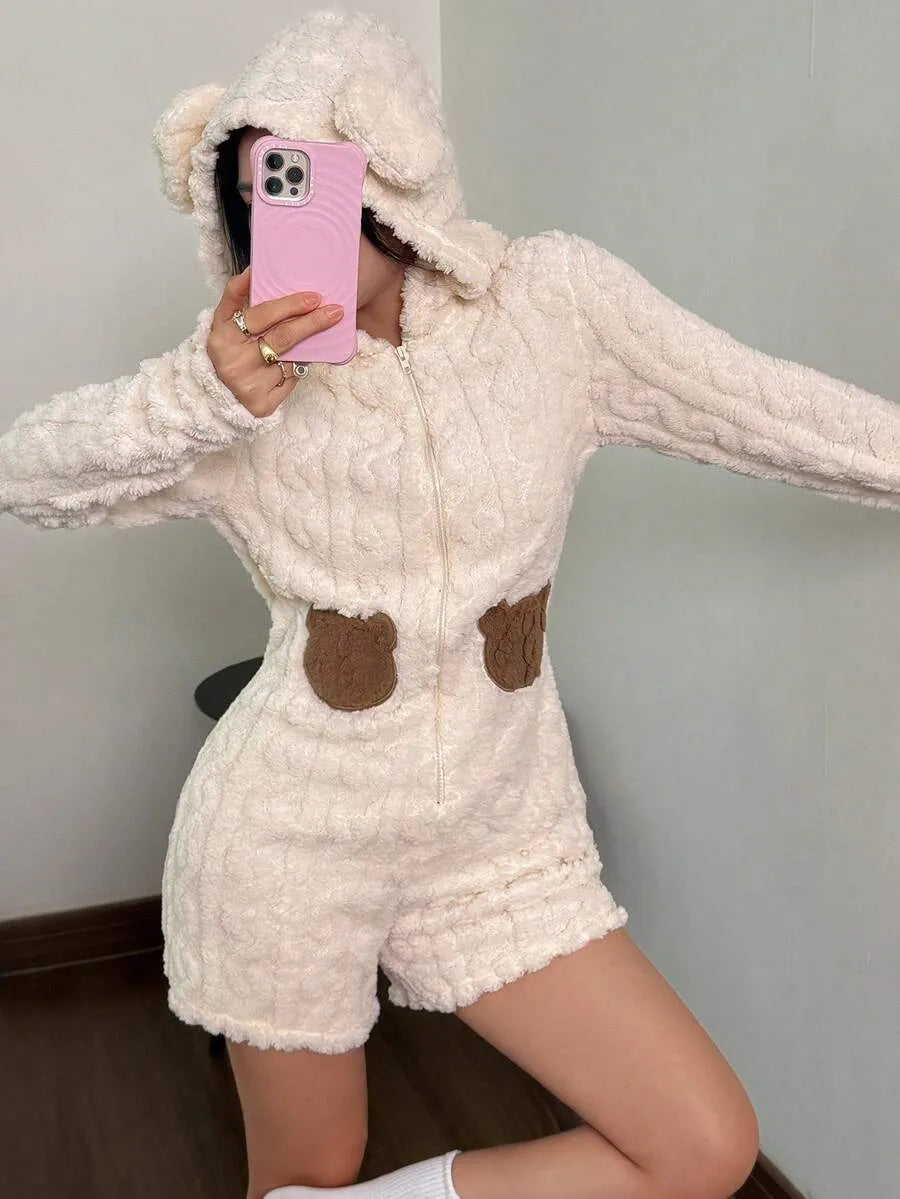 Woemn's Fuzzy Hooded Pajamas Romper